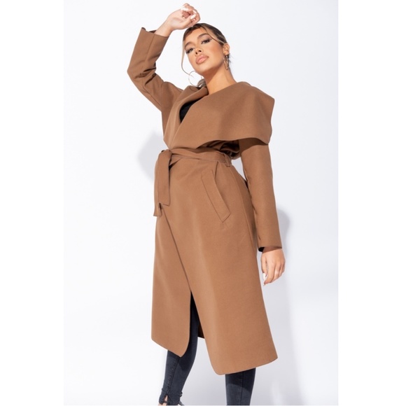 Brown Belted Duster Coat | Oversized Waterfall Collar Jacket - Picture 4 of 6